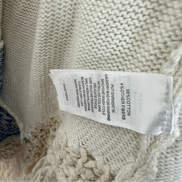 Kaisely Knit Cardigan Fringe Open Front Ivory Blue Pattern Long Sleeve Size S - Picture 8 of 9